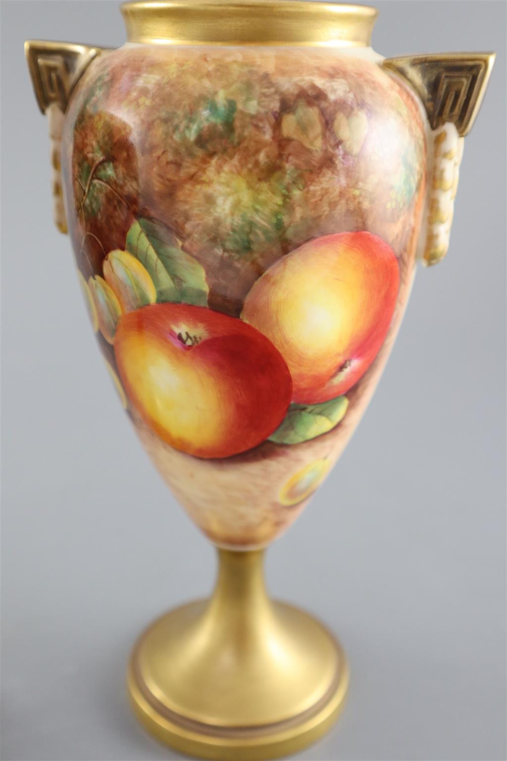 A pair of Royal Worcester fruit painted oviform vases, post-war, painted by J. Cook & P. Lynes, 21cm high